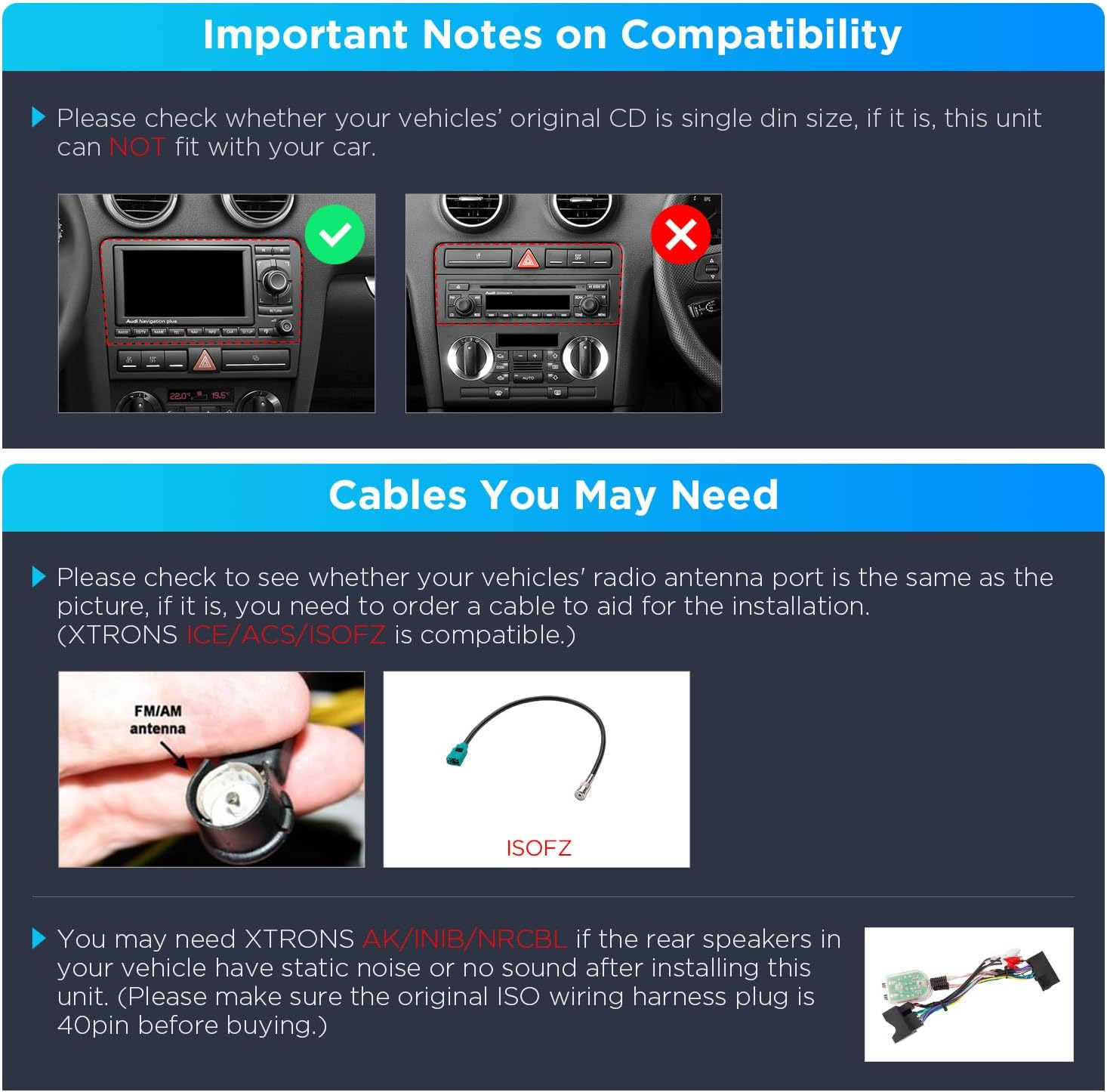 Un'immagine illustrativa con note di compatibilità per autoradio, porte per antenne e cavi.