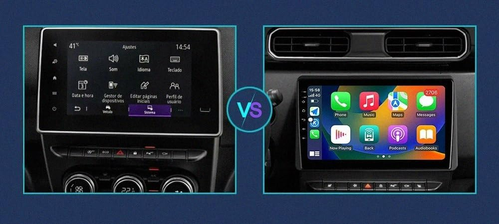 Confronto di due sistemi di infotainment per auto con display e interfacce diverse.