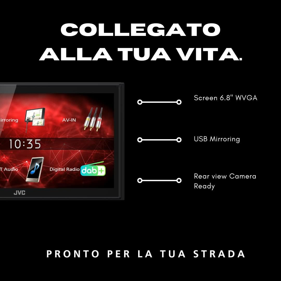Autoradio JVC con schermo da 6,8 pollici, mirroring USB e radio DAB+ su sfondo nero.