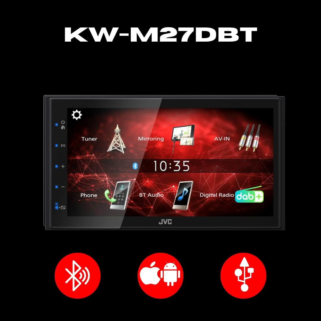 Autoradio JVC KW-M27DBT con menu touch screen rosso.