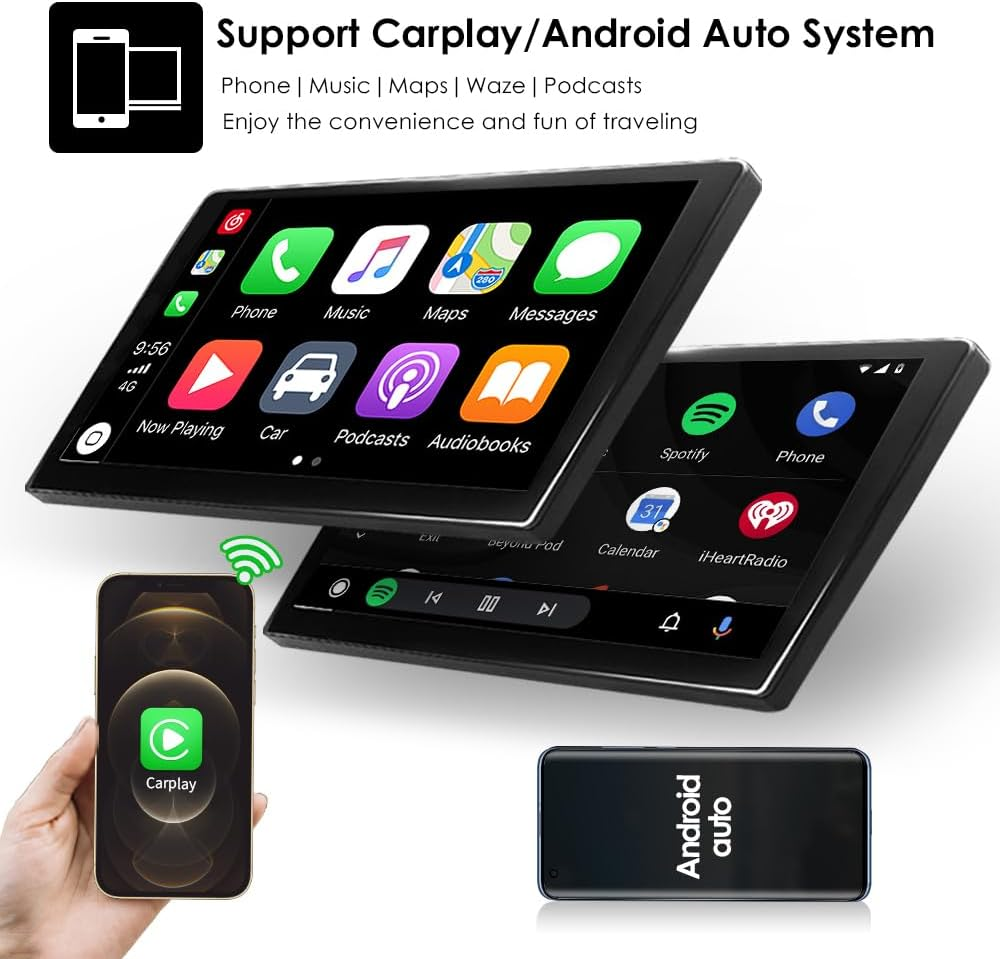Un sistema stereo per auto con interfacce Apple CarPlay e Android Auto, abbinato a smartphone.