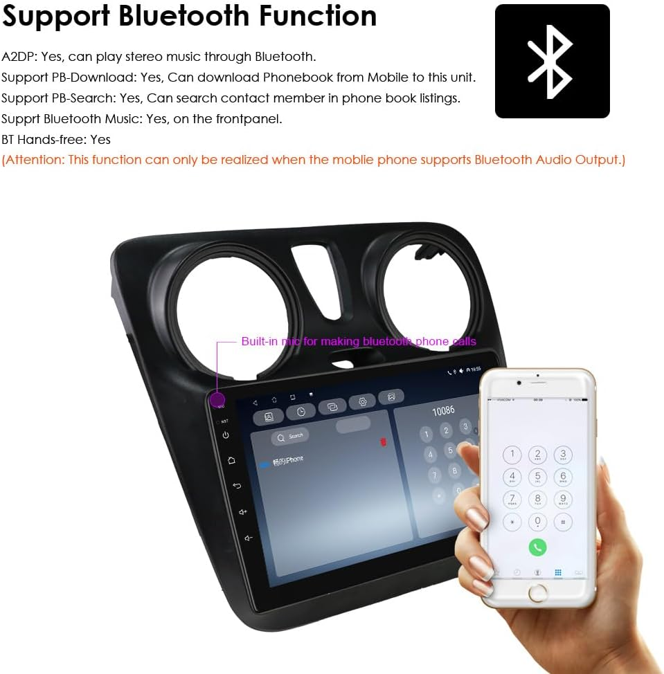 Funzioni Bluetooth di un sistema audio per auto con schermo, smartphone e testo.