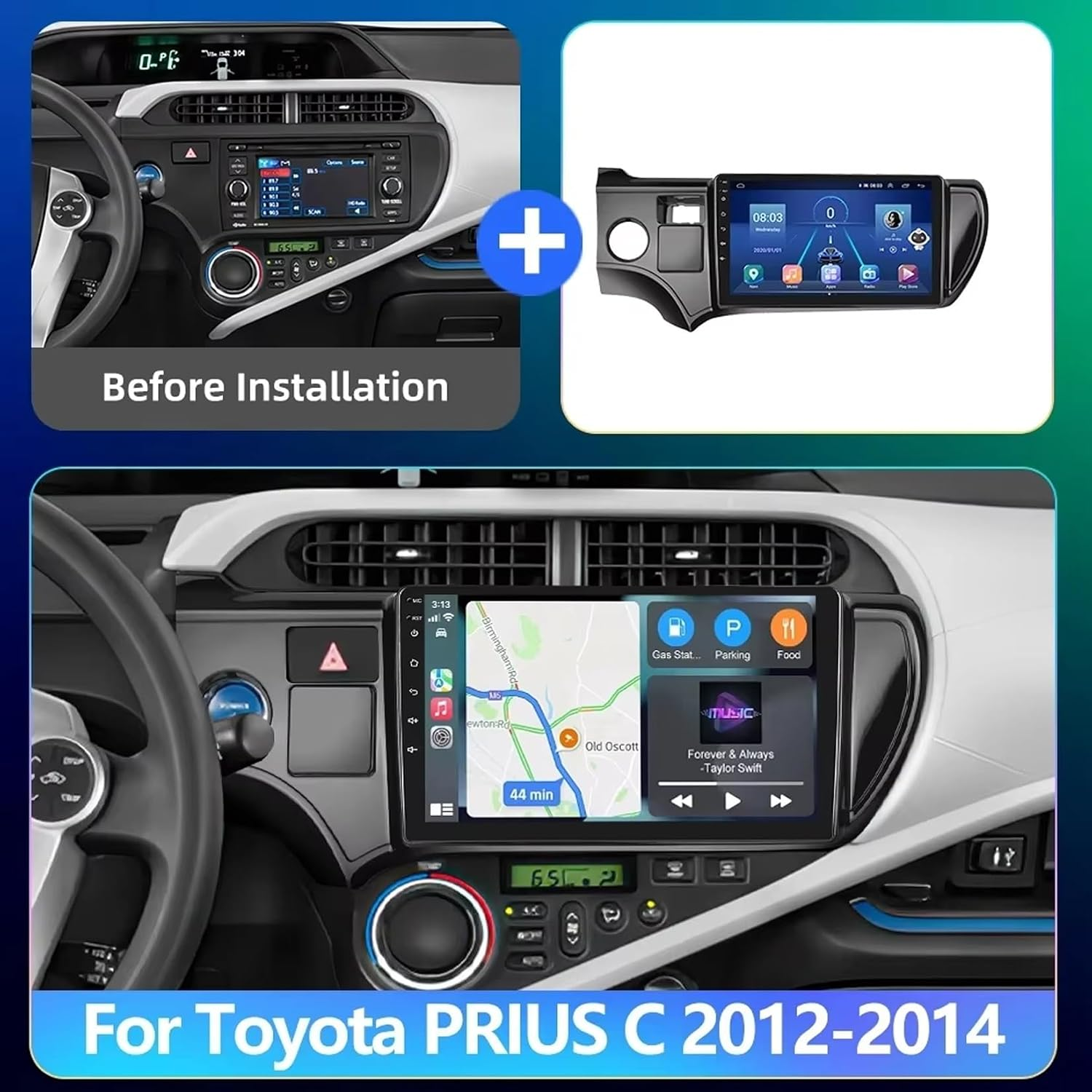 Confronto degli interni di un'auto prima e dopo l'installazione di una nuova radio touchscreen in una Toyota Prius C.