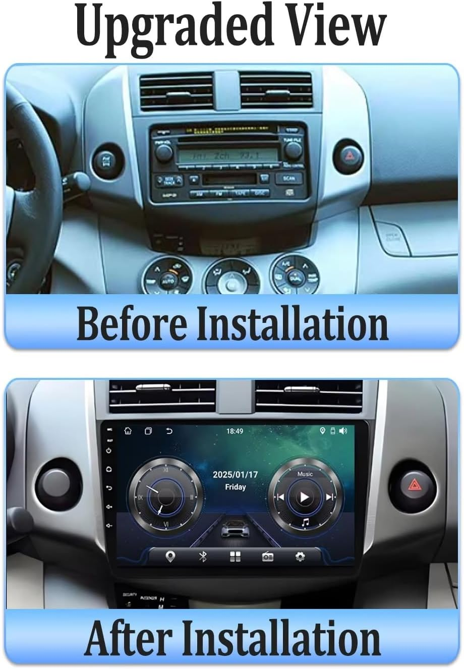 Confronto del cruscotto di un'auto prima e dopo l'installazione di un grande schermo touch.