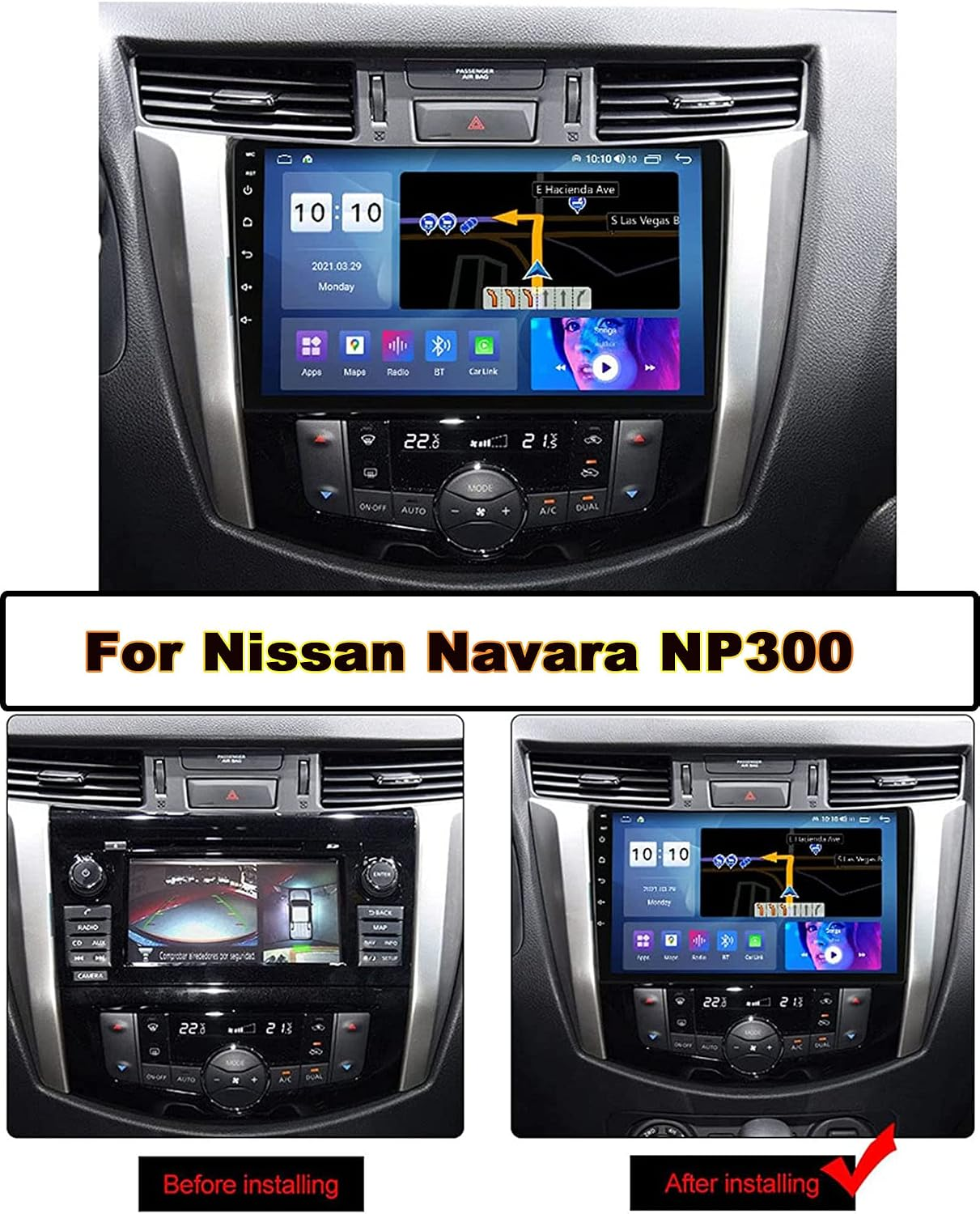 Cruscotto di un Nissan Navara NP300 prima e dopo l'installazione di un nuovo sistema di infotainment.