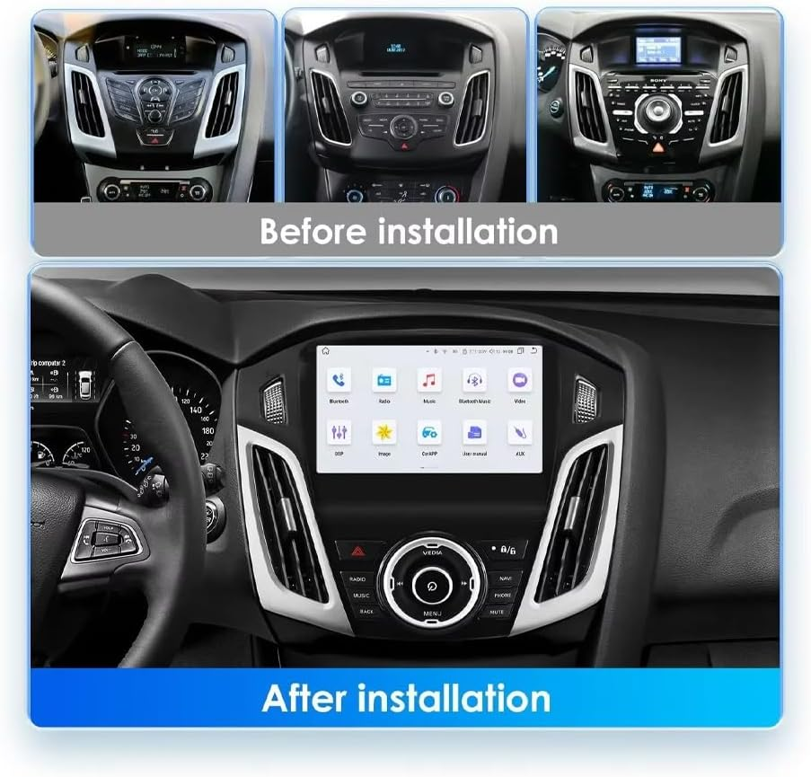 Confronto del cruscotto di un'auto prima e dopo l'installazione di un sistema touchscreen.