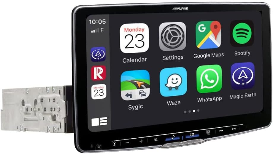 Un'autoradio Alpine con un grande schermo touch che mostra le icone delle app.