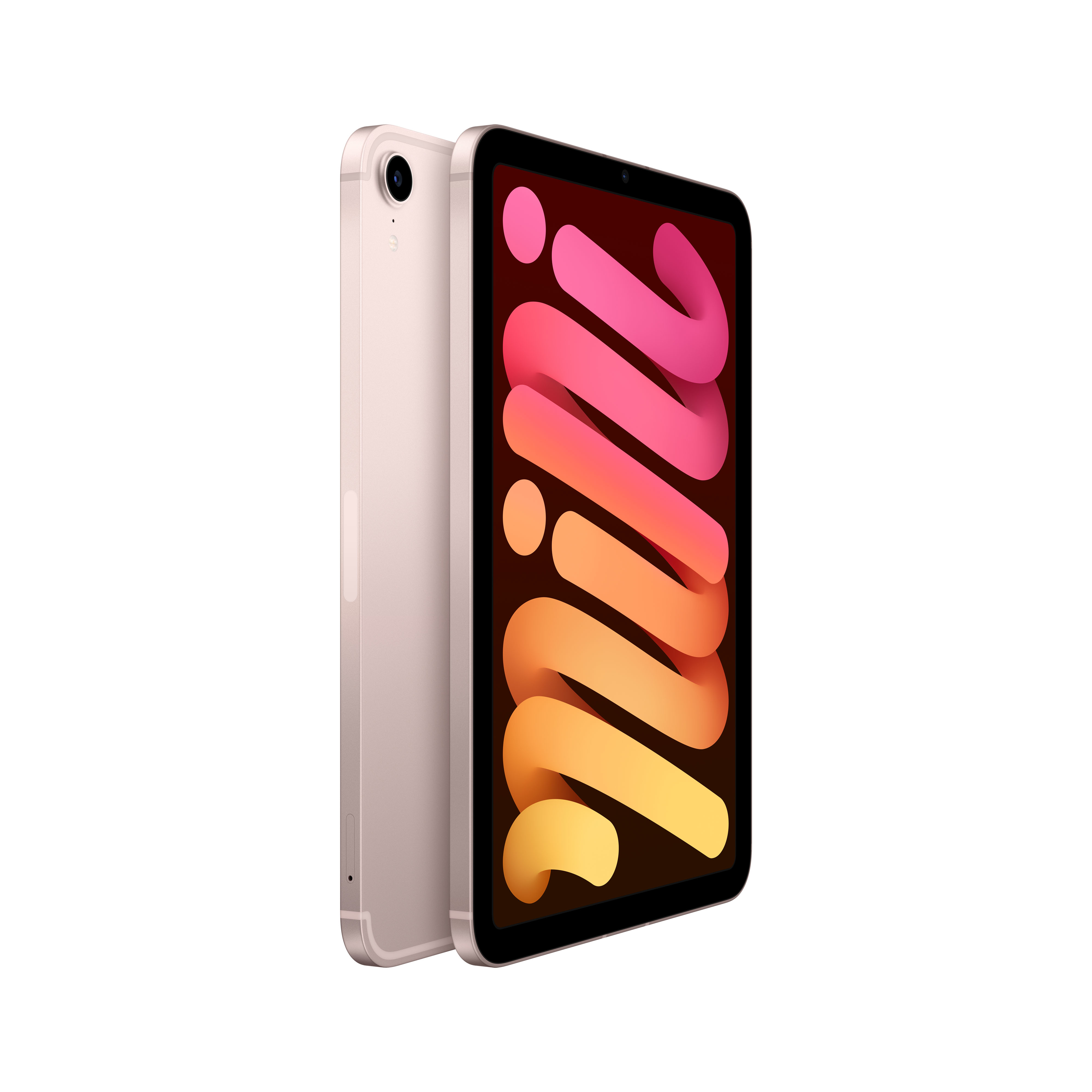 Due tablet rosati sono leggermente inclinati su sfondo bianco, con un design astratto e vivace sullo schermo.