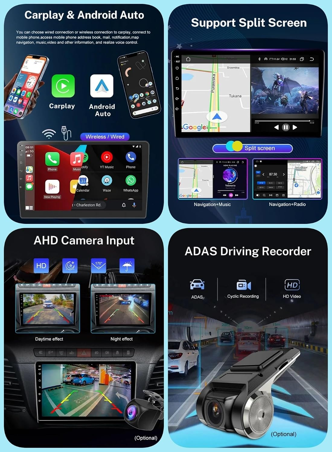 Pubblicità di autoradio con CarPlay, Android Auto, schermo diviso, telecamera AHD e videoregistratore ADAS.