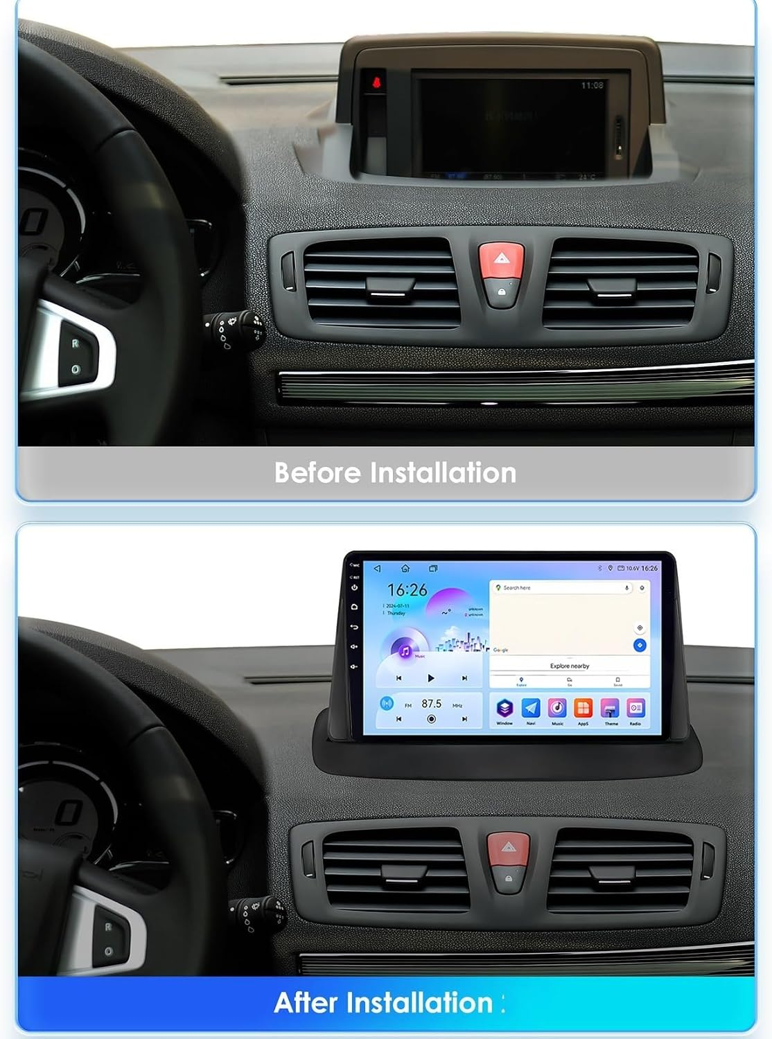 Confronto del cruscotto di un'auto prima e dopo l'installazione di un display touchscreen più grande.
