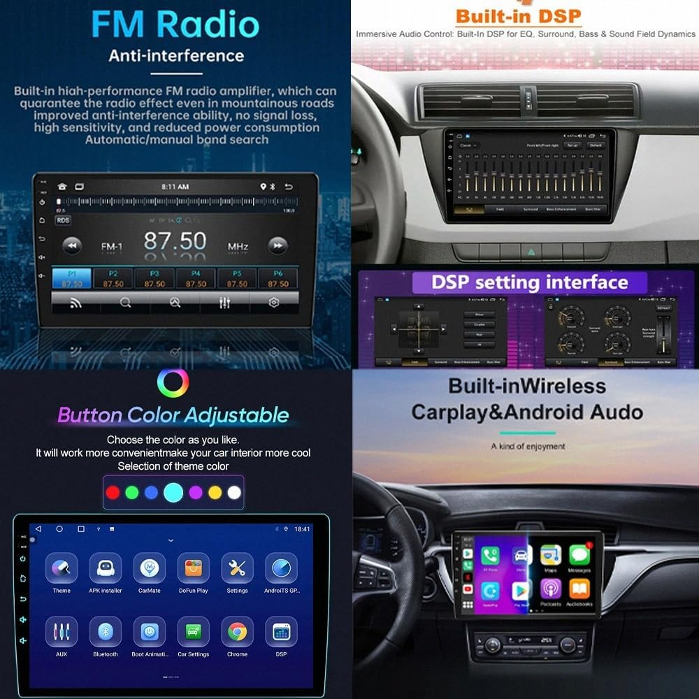 Display dell'autoradio con radio FM, impostazioni DSP e Apple CarPlay.