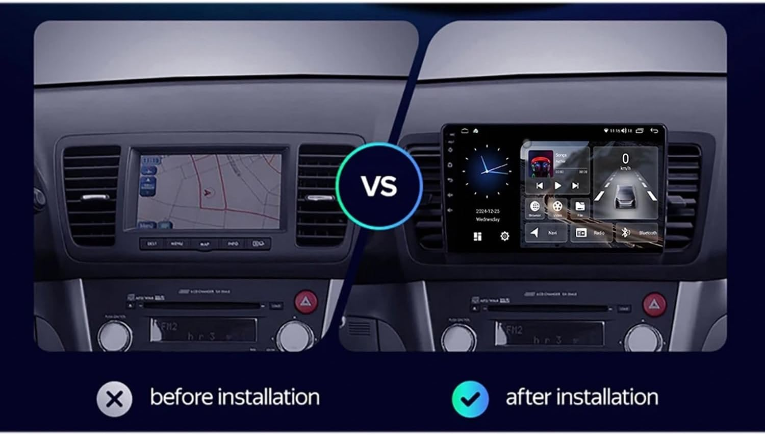Confronto del cruscotto di un'auto prima e dopo l'installazione di uno schermo multimediale.