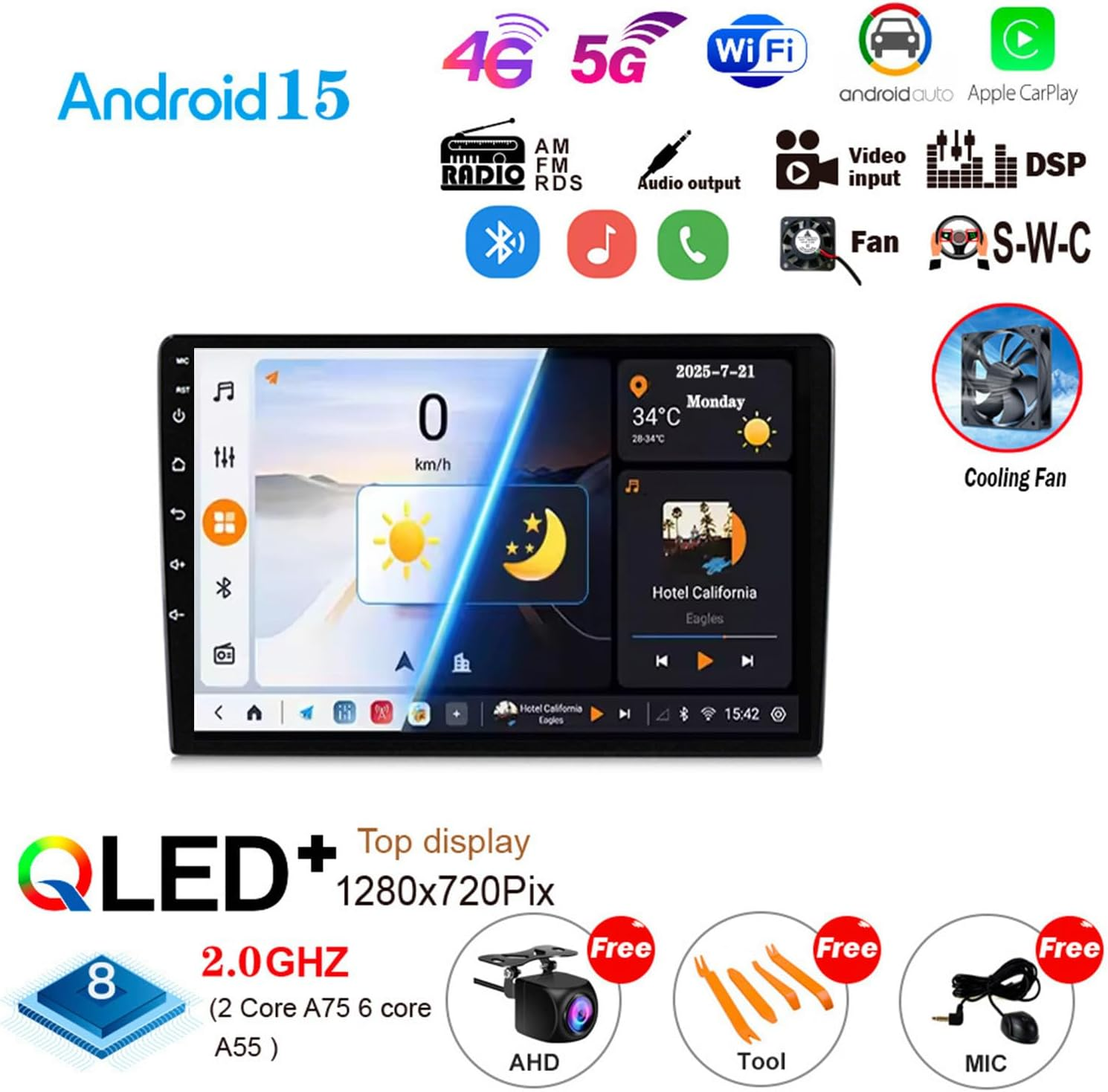 Autoradio Android 15 con display QLED, funzioni WiFi, Bluetooth, FM, telecamera e ventola.