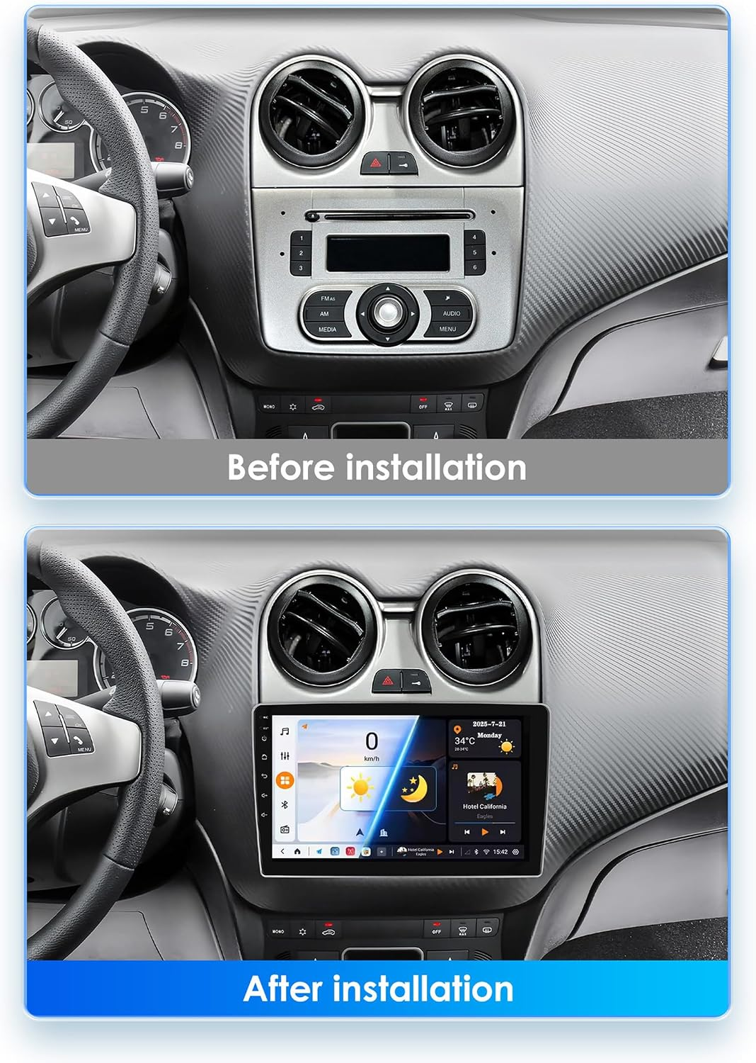 Confronto della console di un'auto prima e dopo l'installazione di una nuova radio touch.