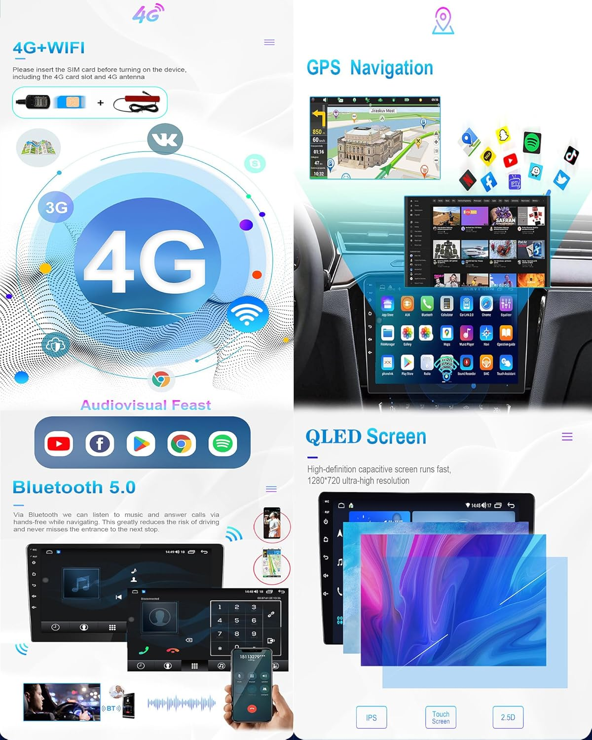 Schermo multimediale per auto con 4G, GPS, Bluetooth 5.0 e schermo QLED.