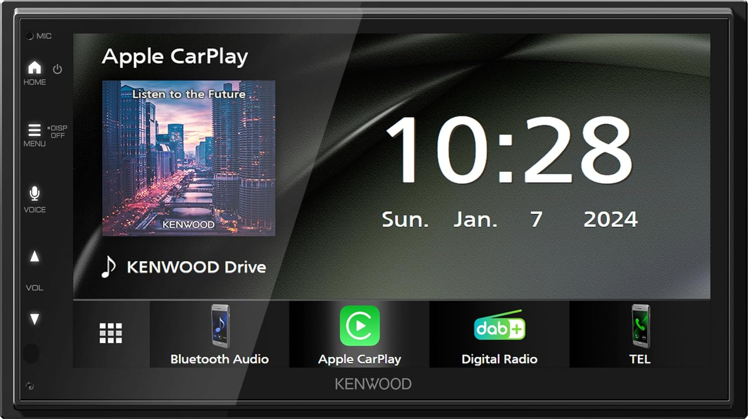Display per auto Kenwood con Apple CarPlay, ora e opzioni di menu.