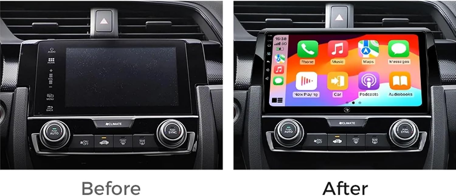 Confronto prima e dopo di una plancia auto con un nuovo schermo touch più grande.