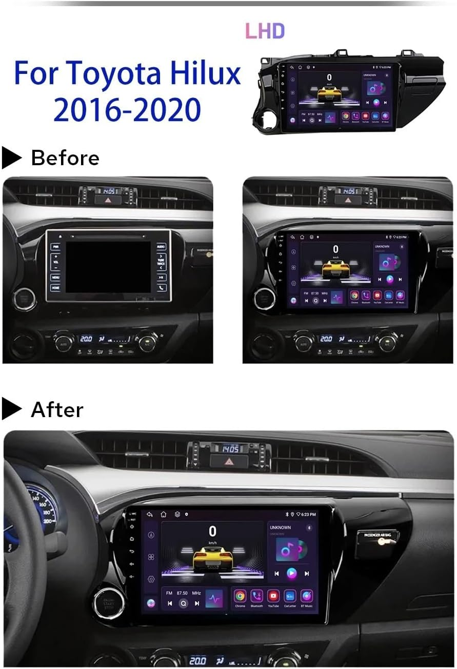 Immagini di confronto prima e dopo l'installazione di un sistema multimediale touch screen in una Toyota Hilux 2016-2020.