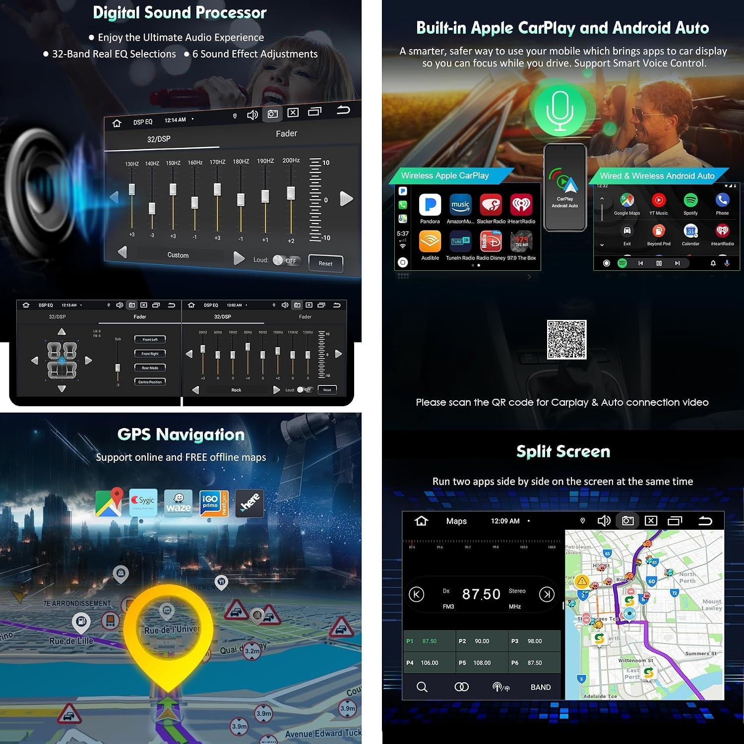 Processore audio digitale, Apple CarPlay, Android Auto, navigazione GPS e schermo diviso sui display dell'auto.