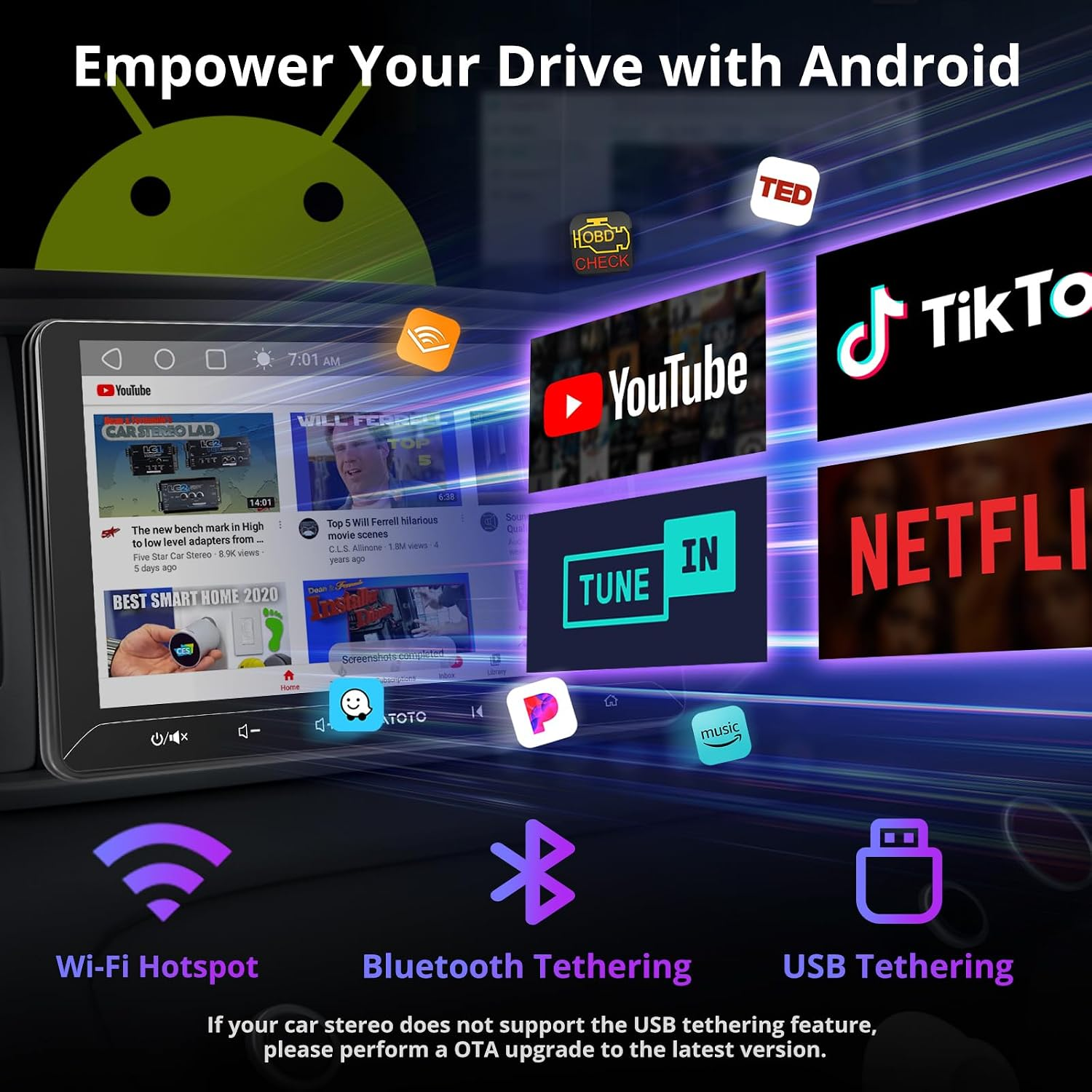 Display autoradio Android con icone di app come YouTube e TikTok, Wi-Fi, Bluetooth e USB.