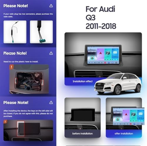 Guida all'installazione per autoradio su Audi Q3, con cavi e viste prima/dopo.