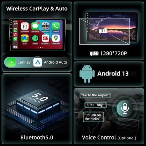Autoradio con CarPlay, Android Auto, display QLED, Android 13, Bluetooth 5.0 e controllo vocale.