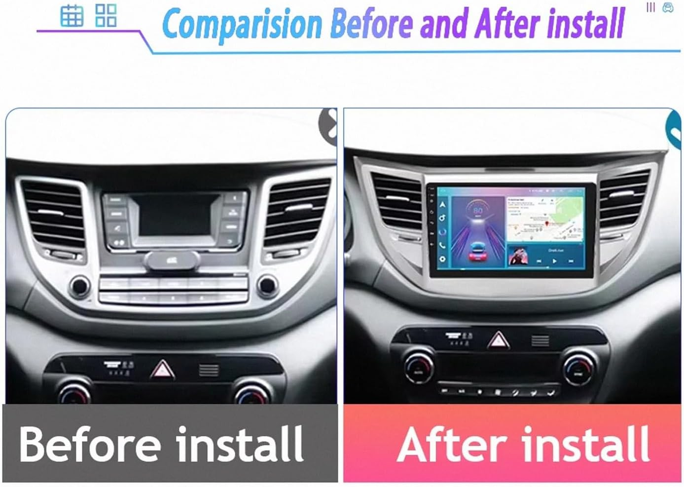 Confronto prima e dopo della plancia dell'auto con un nuovo display touchscreen.