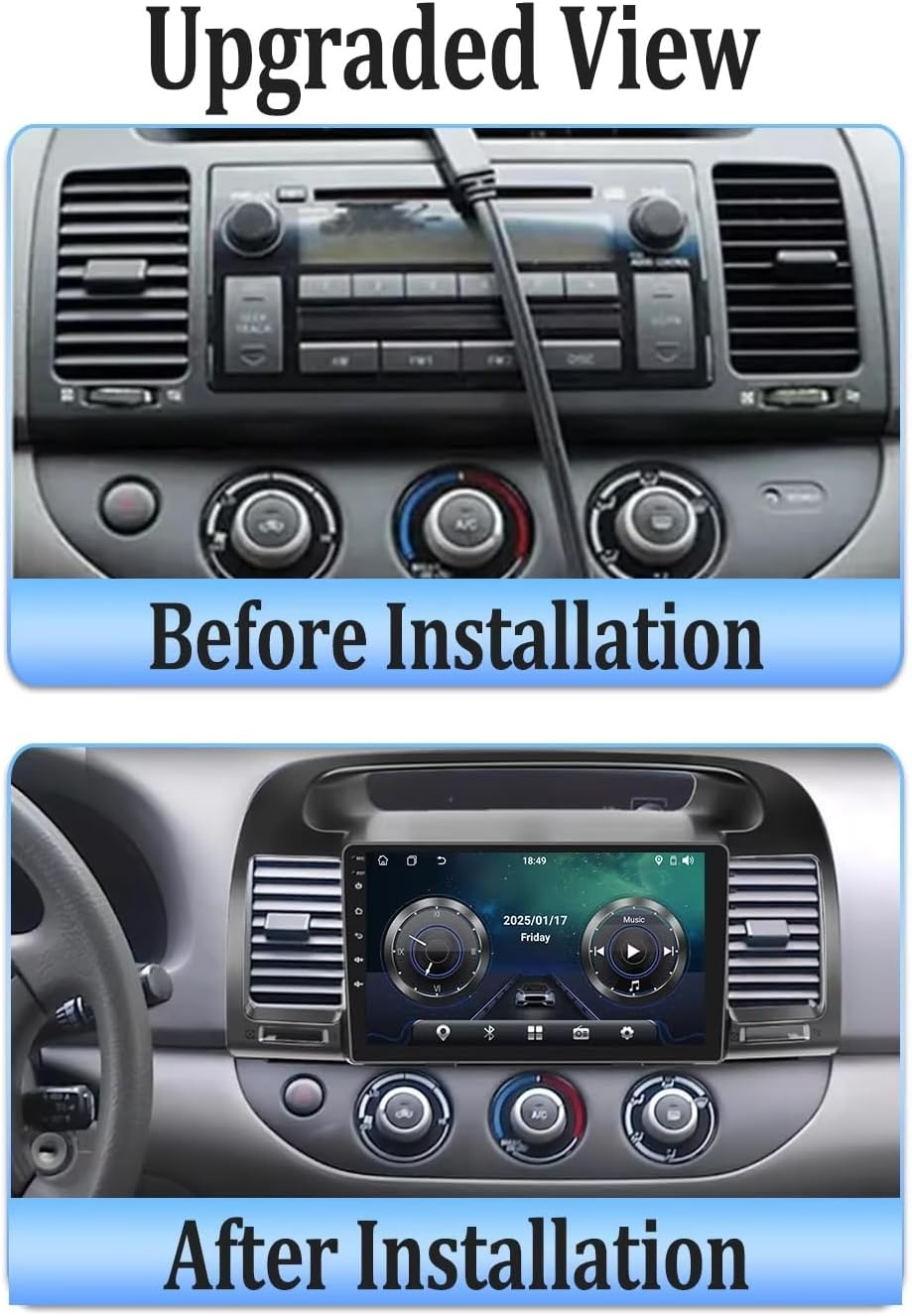 Cruscotto dell'auto con vecchia radio e nuovo grande schermo touch dopo l'installazione.