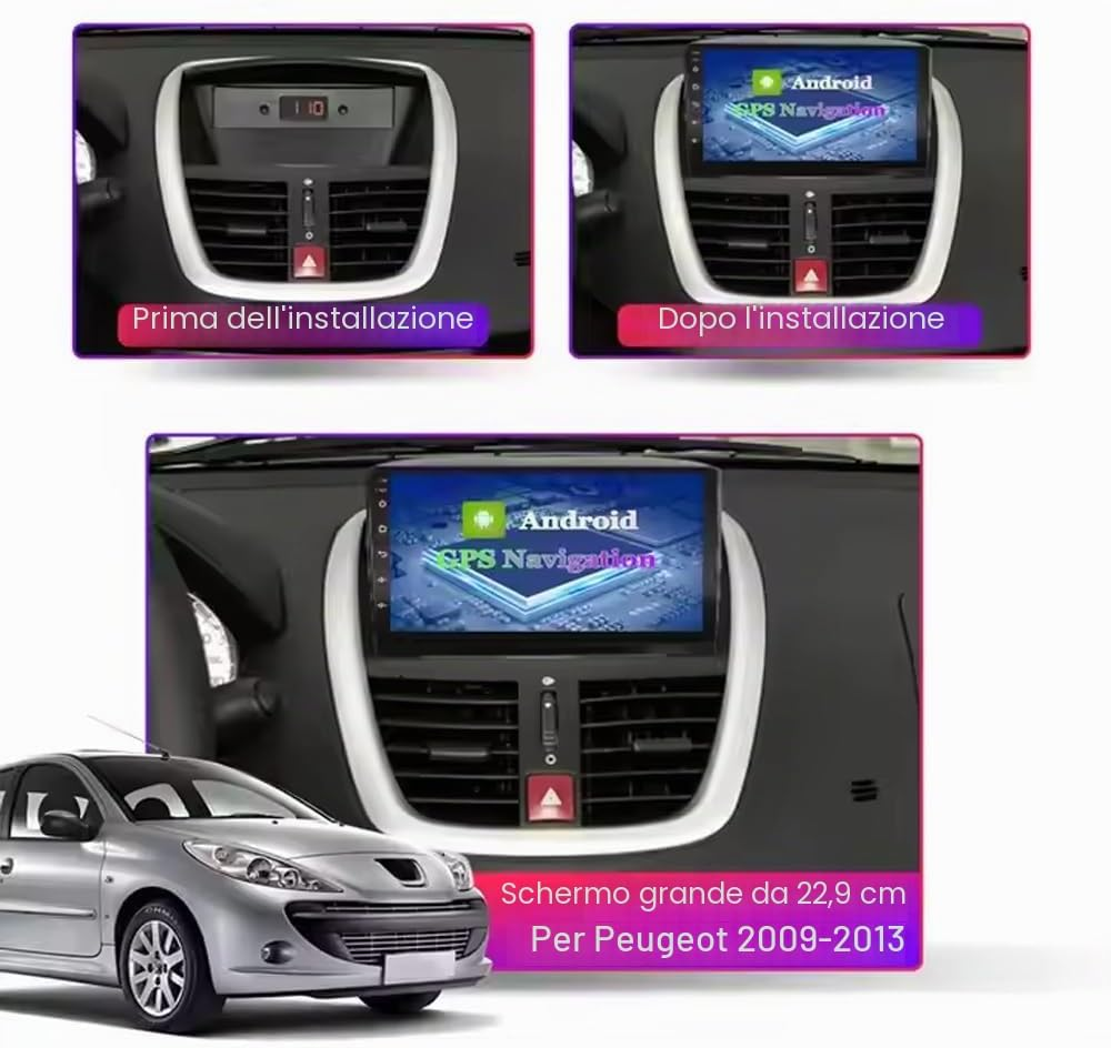Confronto prima e dopo l'installazione di un sistema di navigazione Android su Peugeot 2009-2013.