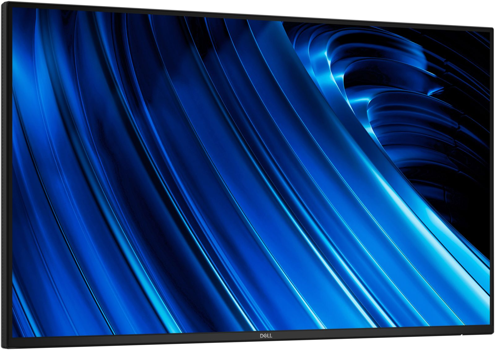 Un monitor Dell che mostra un vivace sfondo astratto con onde blu su uno sfondo scuro.