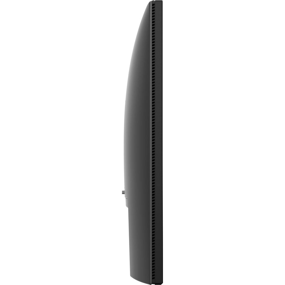 Vista laterale di un monitor nero con schermo curvo e cornice sottile su sfondo bianco.