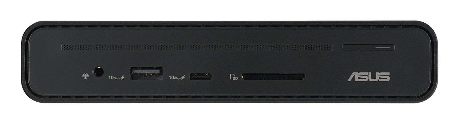 Pannello frontale di un mini PC ASUS nero con porte, jack audio, porte USB e lettore di schede SD.