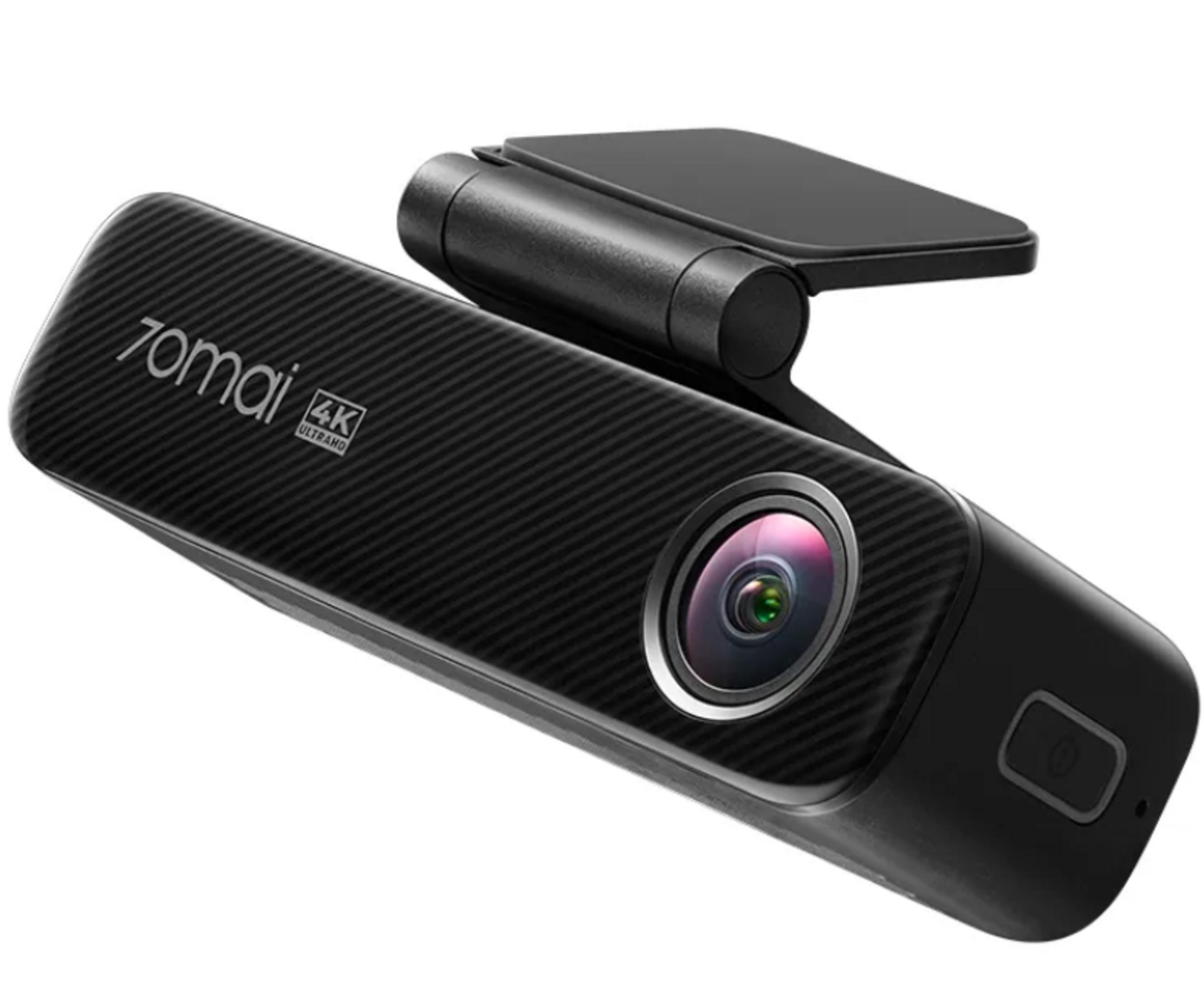 Eine schwarze 7omai 4K Dashcam mit Kameralinse, Textlogo und integrierter Halterung auf weiem Hintergrund.