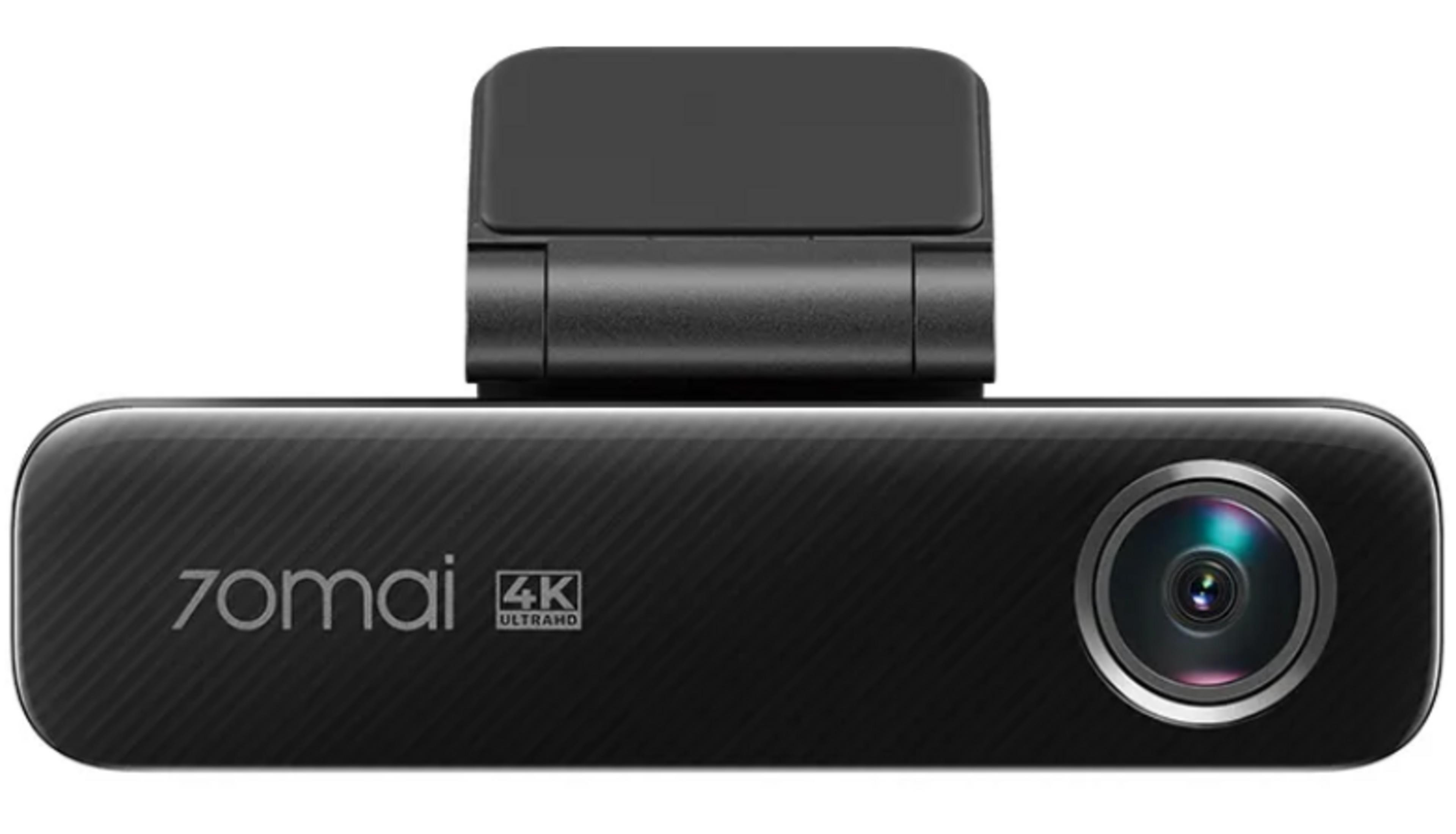 Eine schwarze 70mai 4K Dashcam mit Halterung oben und Linse rechts.