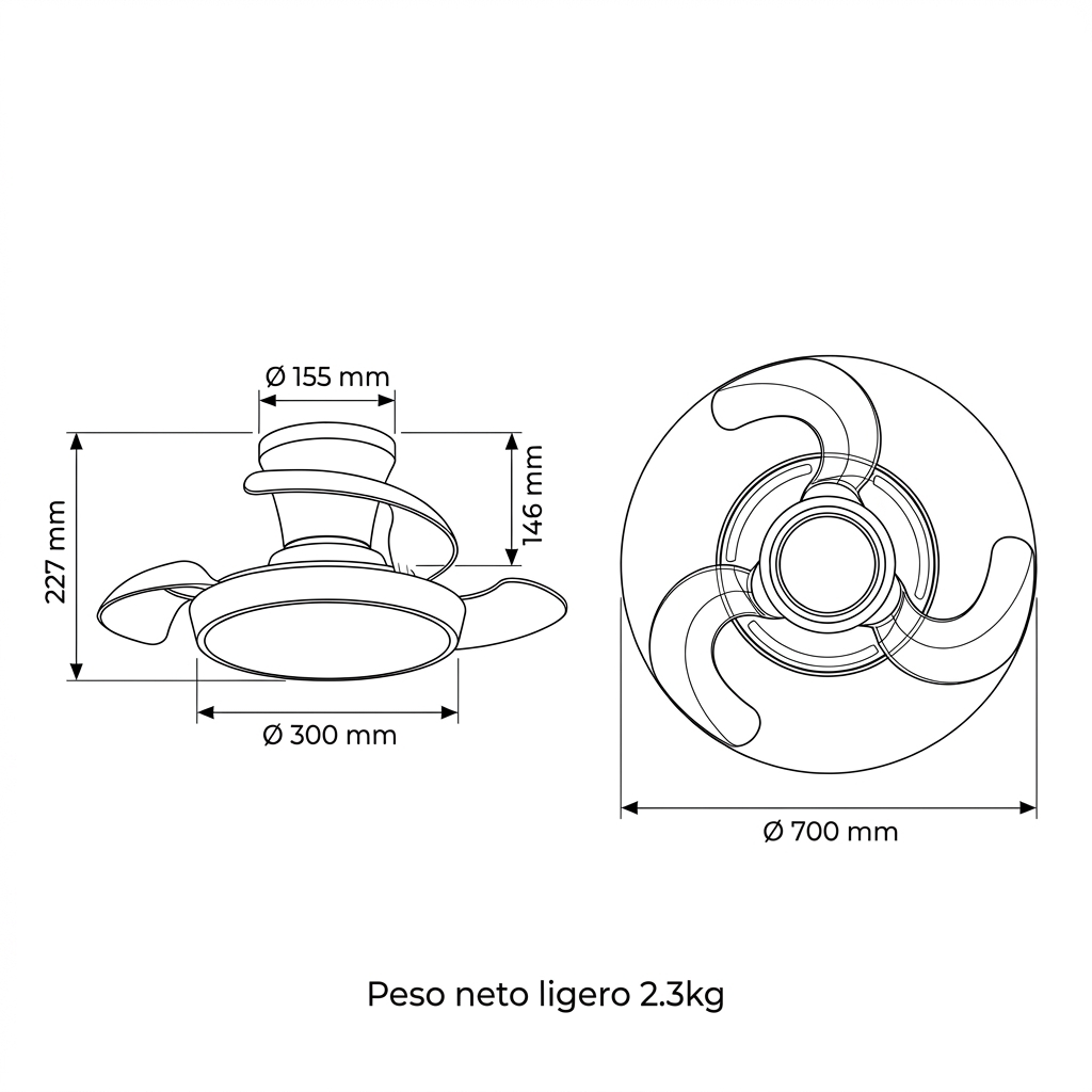 Dibujo técnico de un ventilador de techo con medidas y un peso de 2,3 kg.