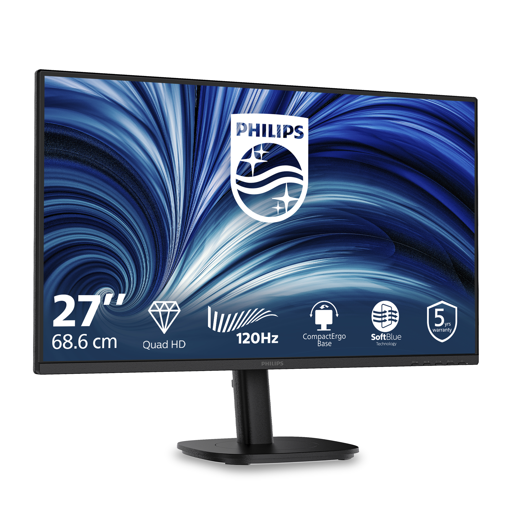 Monitor Philips da 27 pollici con motivo a spirale blu e icone di funzione su sfondo bianco.
