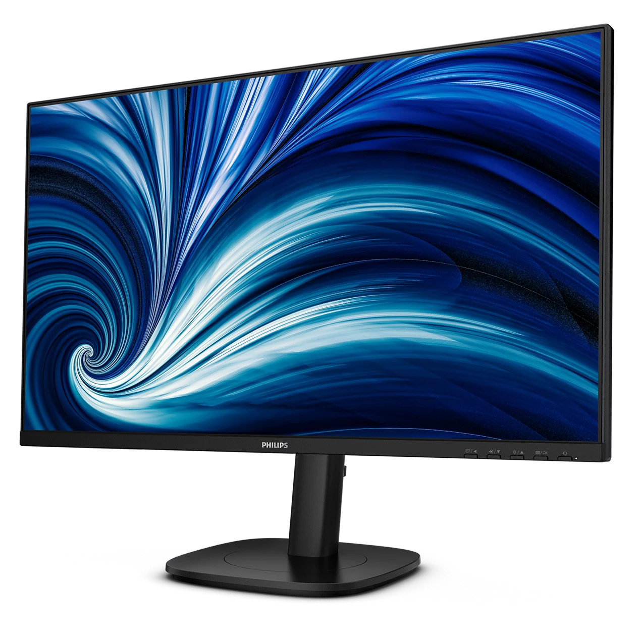 Un monitor Philips nero mostra uno sfondo blu vorticoso su sfondo nero.