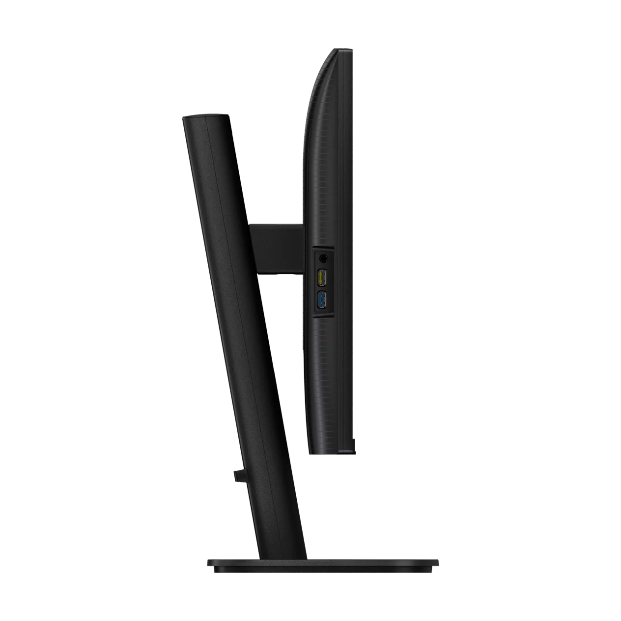 Vista laterale di un monitor nero con porte USB su supporto su sfondo nero.