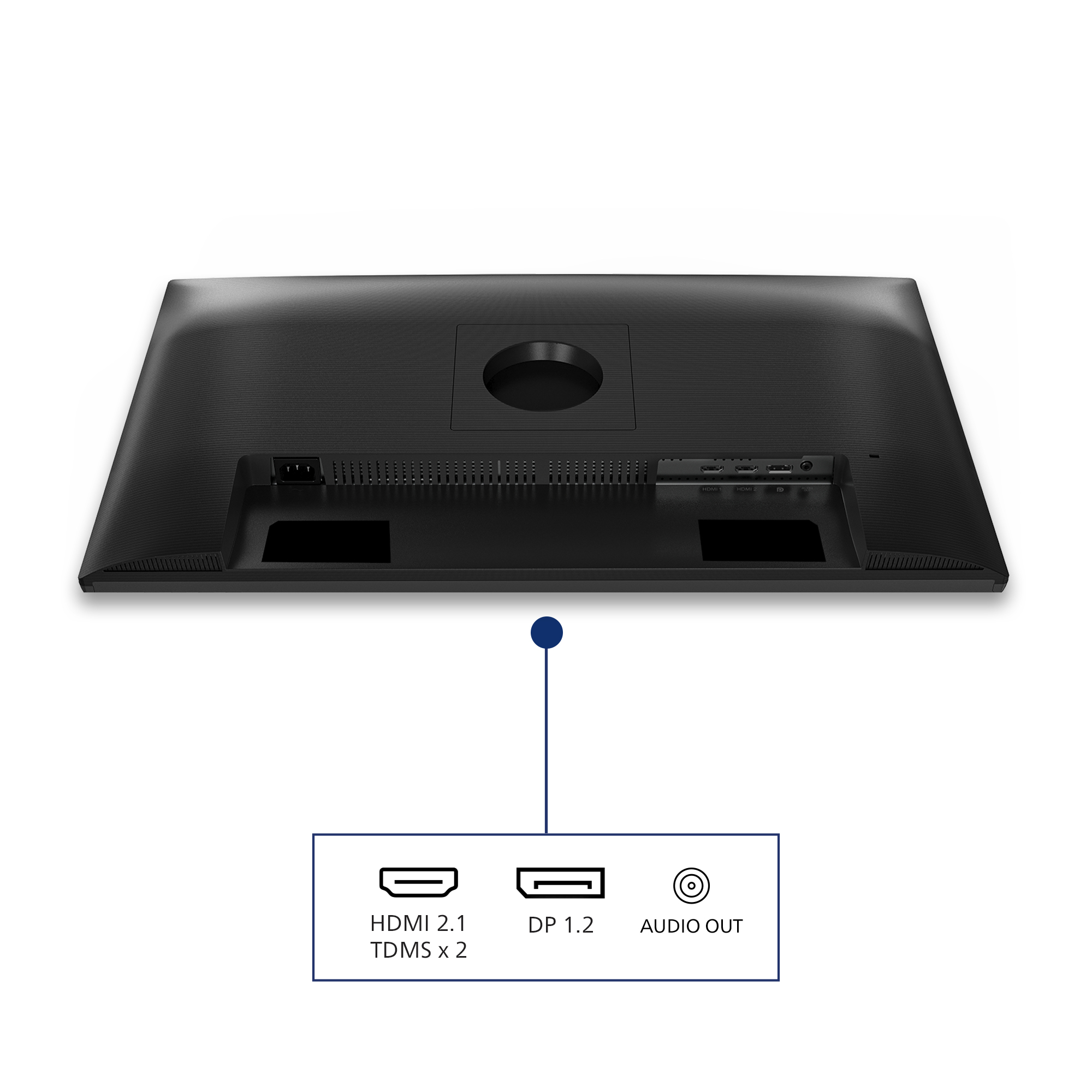 Retro di un monitor nero con varie porte tra cui HDMI 2.1, DP 1.2 e Audio Out.