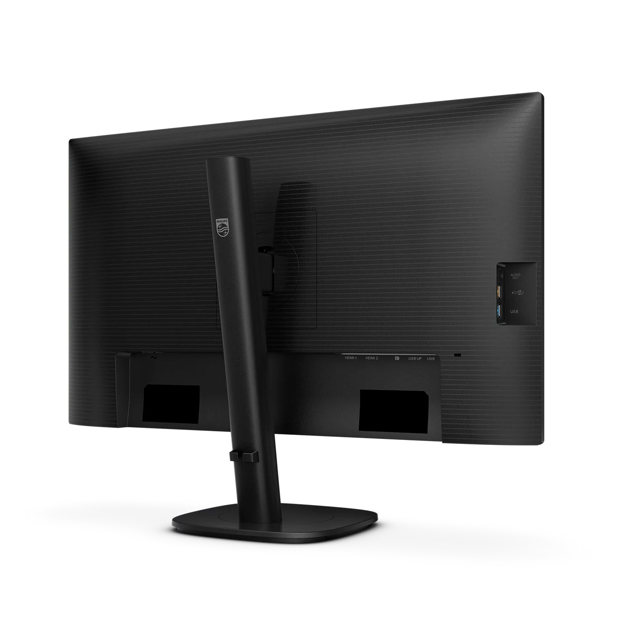 Vista posteriore di un monitor per computer Philips nero su supporto regolabile con sfondo nero.