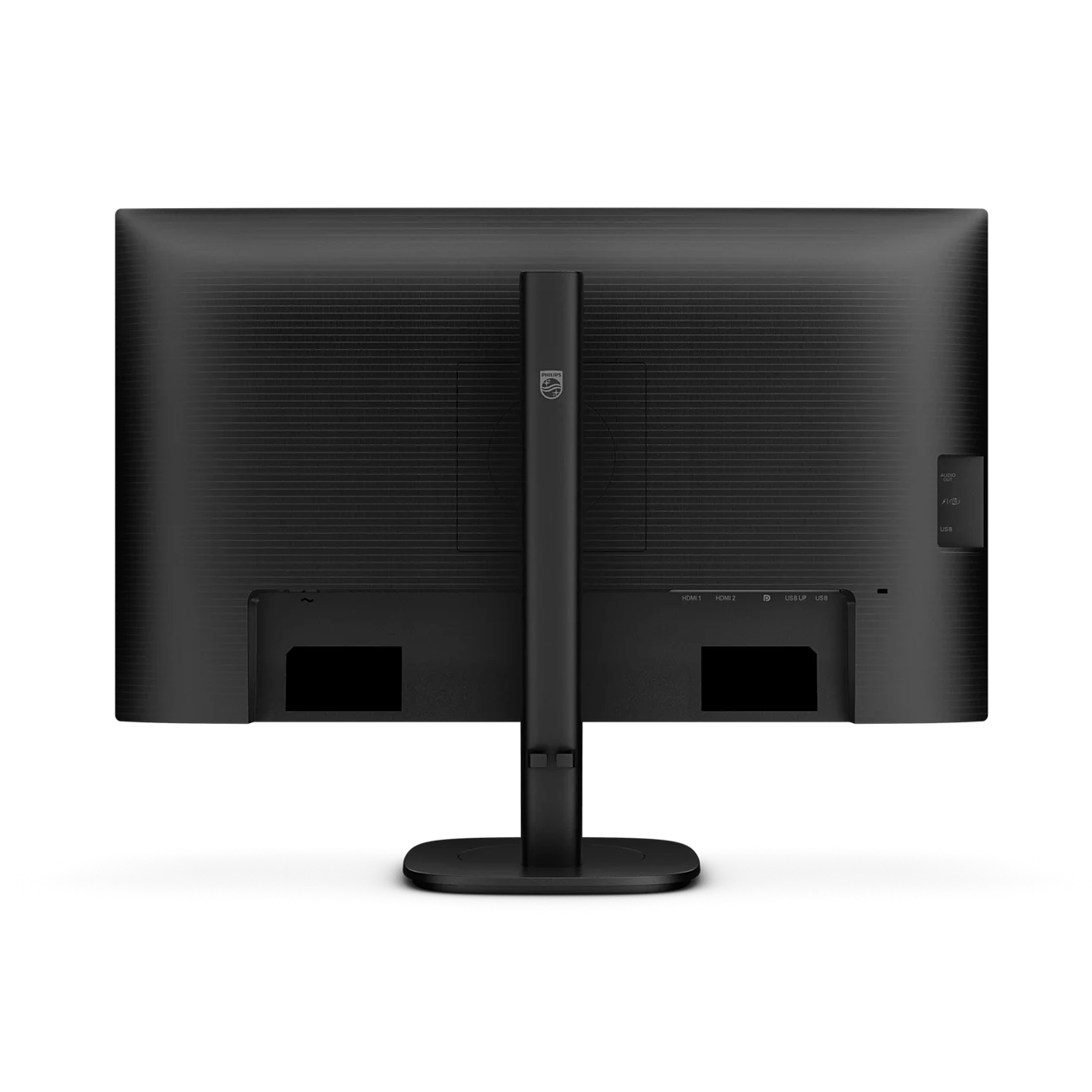 Vista posteriore di un monitor Philips nero con supporto e porte visibili su sfondo scuro.