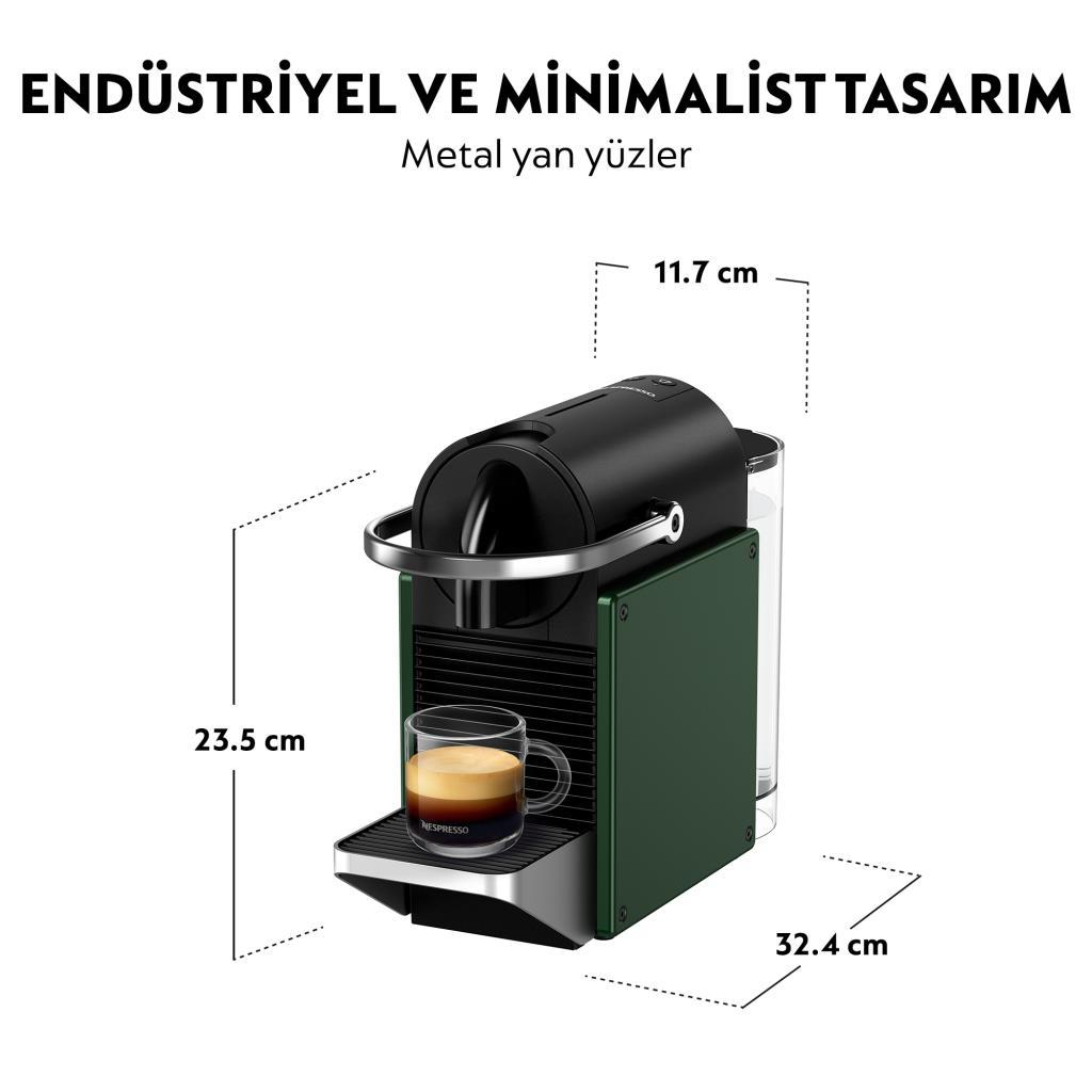 Yeşil yan panellere ve ölçülere sahip siyah kahve makinesinin teknik şeması.