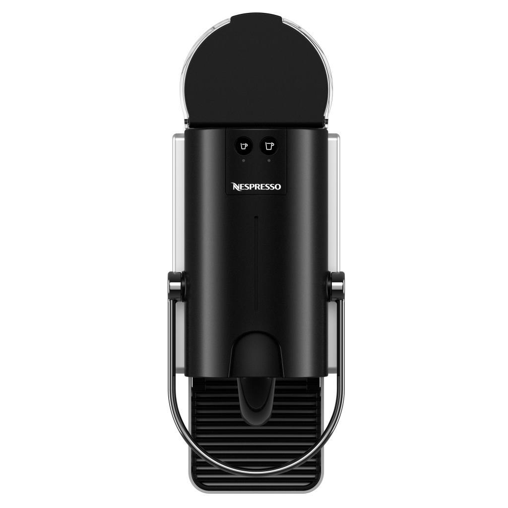 Ön cepheden görülen siyah bir Nespresso kahve makinesi, iki fincan düğmesi ve damlama tepsisi.