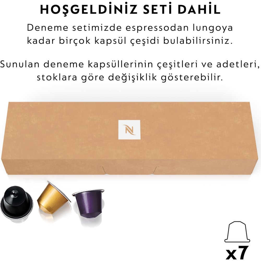 Karton kutu içinde kahve kapsülleri içeren hoş geldin seti ve Türkçe metin.