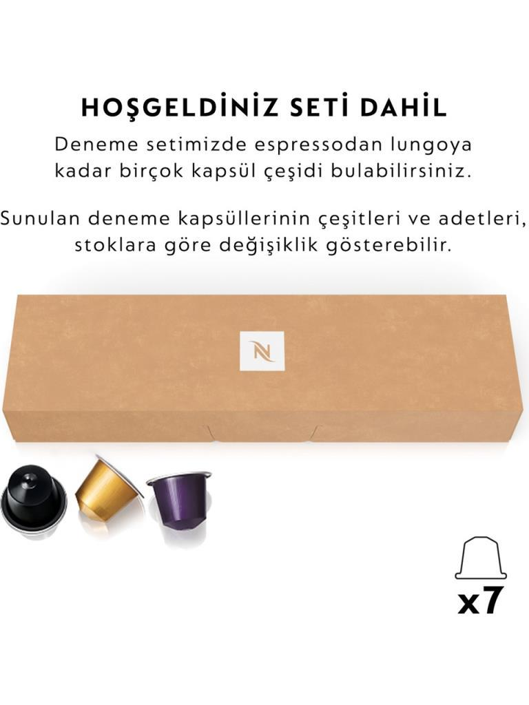 Beyaz arkaplanda kahve kapsülleri ve metin içeren hoşgeldiniz seti.