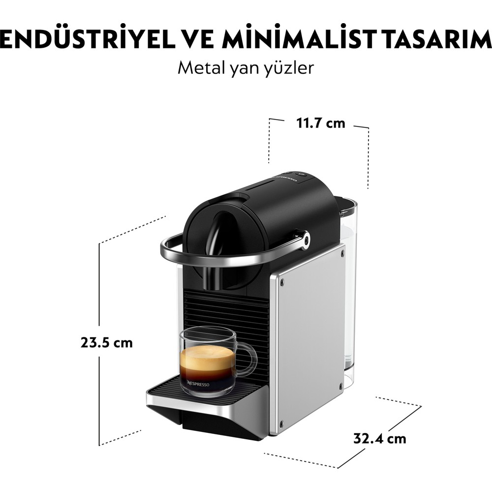 Metal yan yüzleri olan siyah kahve makinesinin ve bir fincan espresso nun teknik çizimi ve ölçüleri.