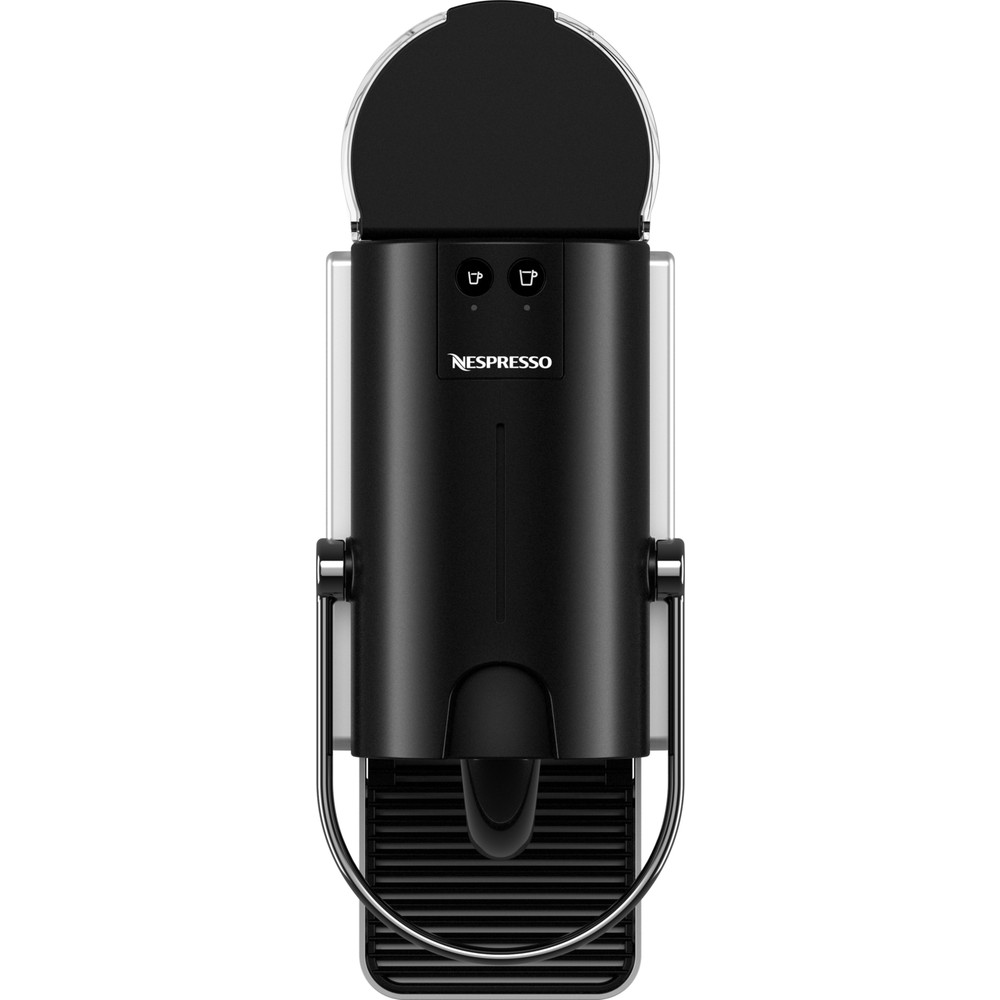Damla tepsisi üzerinde gümüş kollu siyah bir Nespresso kahve makinesinin önden görünümü.