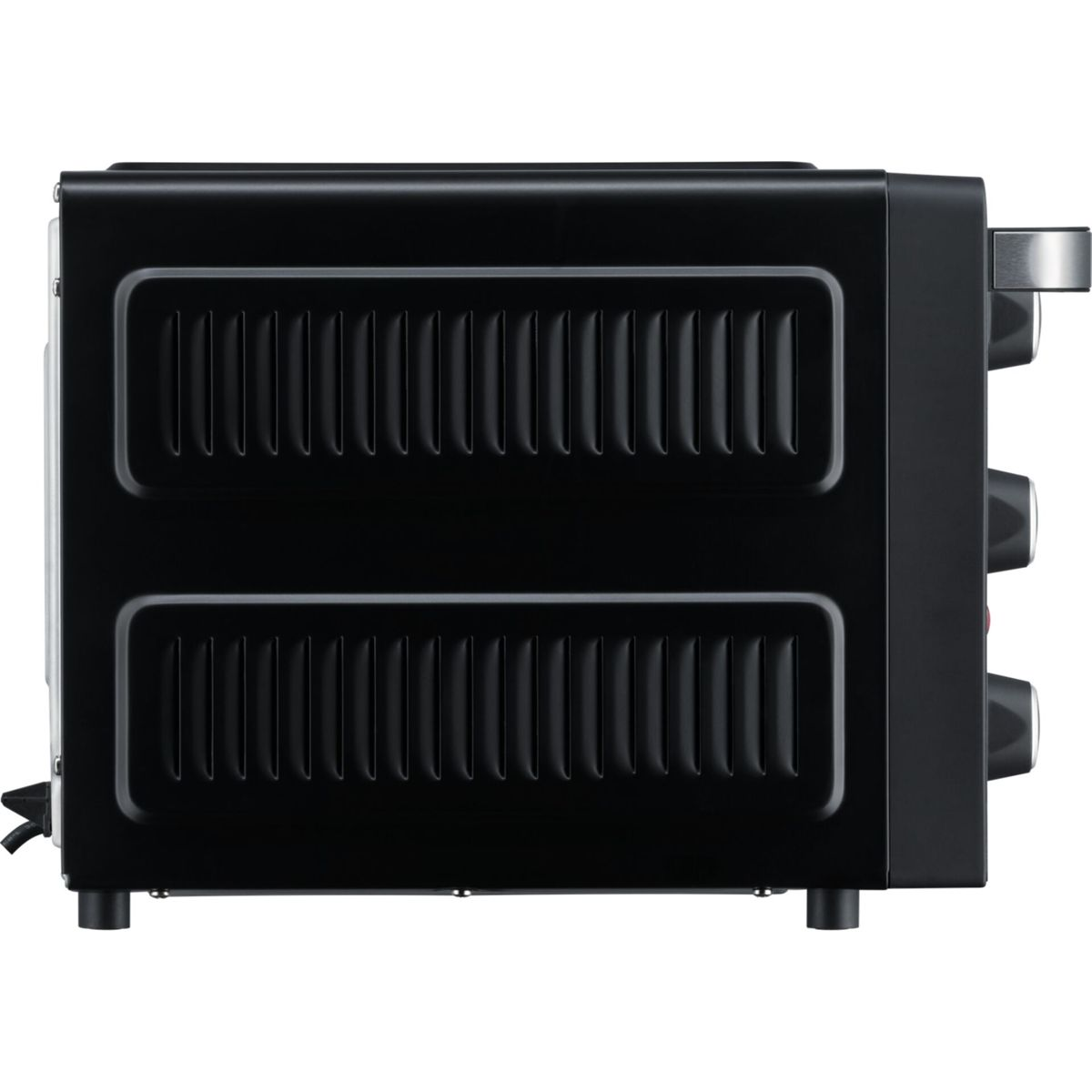 Vista laterale di un mini forno nero con due griglie di ventilazione e manopole.