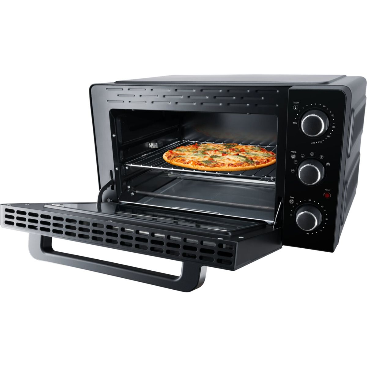 Un mini forno nero con la porta aperta e una pizza cotta sulla griglia.
