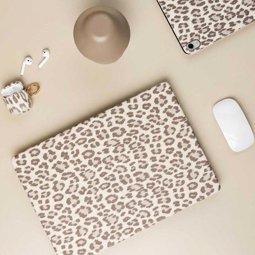 Vista dall'alto di una custodia per laptop, tablet e AirPods beige con stampa leopardata, un mouse e una tazza.